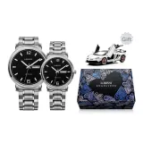 Серебряный корпус с черным циферблатом, серебряный стальной браслет [1 пара]