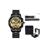 Три руки Стиль - Черный ремешок - Золотой циферблат [Коробка для ремня]