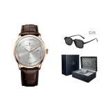 Розовое золото, серебристый циферблат, коричневый кожаный ремешок