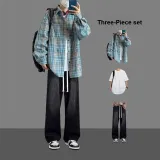 Синяя рубашка + футболка + белые джинсы, черный комплект из 3-х