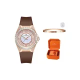 Розовое золото, корпус, белый циферблат, коричневый кожаный ремешок