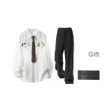 Белый+Черный костюм брюки (в комплекте с брошью) (без воротника)