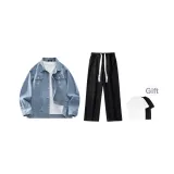 Комплект одежды (Синий деним топ + Черные джинсы с эффектом вымытого цвета)