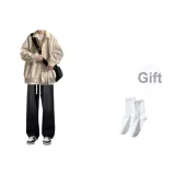 [Комплект из 3 предметов] Куртка Абрикос + Длинный Белый + Джинсы Черные