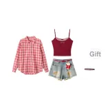 Red Long Sleeveless Shirt + Tank Top + Shorts  
Красная длинная короткая рукавная рубашка + топ на бретелях + шорты