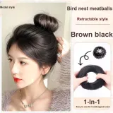 Улучшенный-Bird's Nest Bun [Прямые волосы Галстук] Коричнево-черный