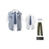 Синий деним жилет + белая рубашка (в комплекте с зелеными карго штанами + брошью) (без воротника)