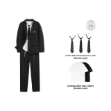 Комплект (Черный костюм куртка и черные костюмные штаны) в комплекте с подарком: галстук и футболка