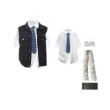 Черный джинсовый жилет + белая рубашка (подарочный комплект: светлые хаки карго штаны + брошь) (без воротника)