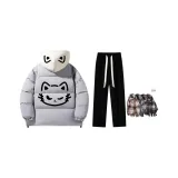 Пуховик Комплект (Норковый Серый Бежевый Шляпа Топ + Черные Флисовые Подкладочные Повседневные Штаны + Бесплатный Термический Шарф)