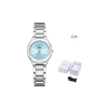 Серебряный корпус, синий циферблат.