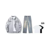 Комплект (Серый топ + Винтажные синие джинсы) В комплекте с футболкой