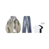 Set (Желтое грязное пальто + Темно-синие джинсы + Включает рубашку с коротким рукавом)