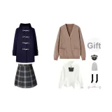 Темно-синий шерстяной пальто + коричневый кардиган + белая длинная рубашка + шестиклассная короткая юбка + бабочка, значок + носки до икры + пылезащитный чехол + вешалка