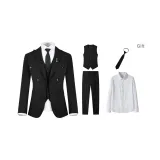 Черный (Костюм + Жилет + Брюки формального кроя) с подарком (Рубашка + Галстук)