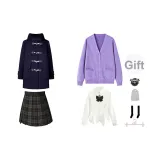 Темно-синий шерстяной пальто + фиолетовый кардиган + белая длинная рубашка + август короткая юбка + банты, значок + носки до икры + пылезащитный чехол + вешалка
