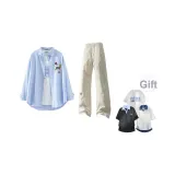 Синяя и белая рубашка с полосками + светлые хаки повседневные штаны (в комплекте с случайной футболкой с принтом)