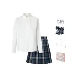 [43 см Kyoto Private School] Клетчатая юбка + галстуки-бабочки + рубашка из шифона с длинным рукавом