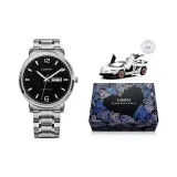 Серебряный корпус с черным циферблатом, серебряный стальной браслет [мужской]