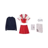 Красный матроска трехкомпонентный комплект (красный матроска комплект одежды + темно-синий кардиган) с бумажной картой в пакете