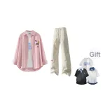 Red White Striped Shirt + Light Khaki Casual Pants (With a Random Print T-Shirt Included)  
Красная белая полосатая рубашка + светлые хаки повседневные штаны (с случайным принтом футболка включено)