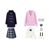 Темно-синий шерстяной пальто + розовый кардиган + белая длинная рубашка + короткая юбка января + бант, значок + носки до икры + пылезащитный чехол + вешалка