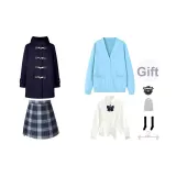 Темно-синий шерстяной пальто + аква-синий кардиган + белая длинная рубашка + январская короткая юбка + банты, значок + носки до икры + пылезащитный чехол + вешалка