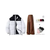 Комплект одежды (Белое пальто + Кофейные штаны) с флисовыми перчатками и плюшевой шапкой