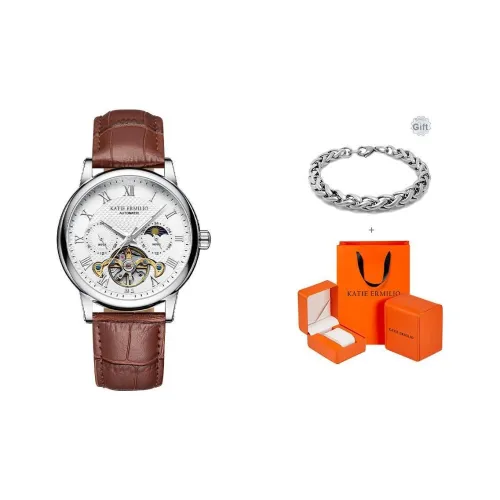 Katie Ermilio Наручные часы Автоматический Механический Механизм Естественная Кожа Ремешок Белый Циферблат Мужские часы