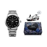 Серебряный корпус с черным циферблатом.