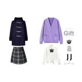Темно-синий шерстяной пальто + фиолетовый кардиган + белая длинная рубашка + шестиклассная короткая юбка + бабочка, значок + носки до икры + пылезащитный чехол + вешалка
