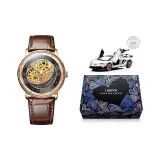 Розовый корпус, черный циферблат, коричневый кожаный ремешок.