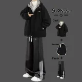 [Трехкомпонентный комплект] Шерпа Черный + Свитер Черный + Штаны с флисовой подкладкой Черные