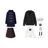 Темно-синий шерстяной пальто + черный кардиган + белая длинная рубашка + юбка с оборками + бант, значок + носки до икры + пылезащитный чехол + вешалка