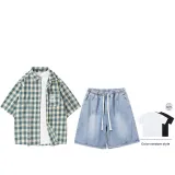 Set (верх Зеленый Сетка + низ Светло-синий) (короткие рукава)
