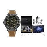 Чёрный корпус с чёрным циферблатом, коричневый ремешок