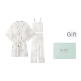 [Подарочная коробка комплект] Лотос Цветочный дизайн Топ на бретелях Штаны Трехкомпонентный комплект