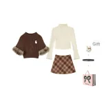 Базовый слой + Свитер + Короткая юбка + Бесплатно [Сумка для покупок]