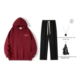 Бордовый худи + черные штаны (в комплекте с ожерельем + сумка через плечо)