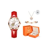 Розовый корпус, белый циферблат, красный кожаный ремешок, женский.