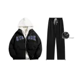 Флисовая подкладка Комплект одежды (Черный хлопковый пуховик + Черные повседневные штаны)