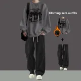 Флисовая подкладка, свитшот "Три-Тени", темно-серый + черные повседневные штаны с двумя пуговицами