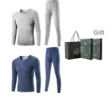 2-Предметный комплект нижнего белья (Светло-Фотиния Серый + Джинсовый Синий) Утолщенный и с флисовой подкладкой / Классический круглый вырез / Легкий доступ через дверной замок