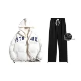 Флисовая подкладка Комплект одежды (Экрю хлопковый пуховик + Черные повседневные штаны)