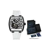 Чёрный корпус, белый циферблат, ленты