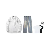 Комплект одежды (Белый топ + Винтажные синие джинсы) В комплекте с футболкой