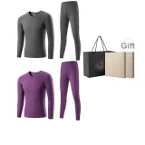 2-Предметный комплект нижнего белья (Rain Gray + Grape Purple) Немецкий язык, флис, термический/без швов, антибактериальный/классический, круглый вырез