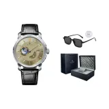 Нержавеющая сталь, золотой циферблат, черный кожаный ремешок