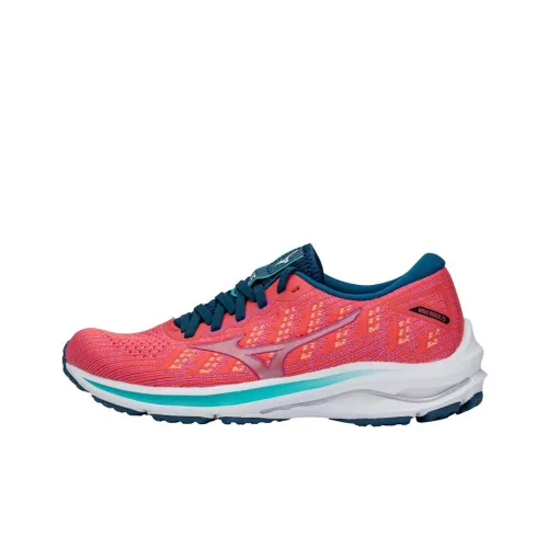 Mizuno Wave Rider 25 Waveknit Устойчивый к истиранию Противоскользящий Низкий Топ Беговые кроссовки Женские Розовый Синий Белый