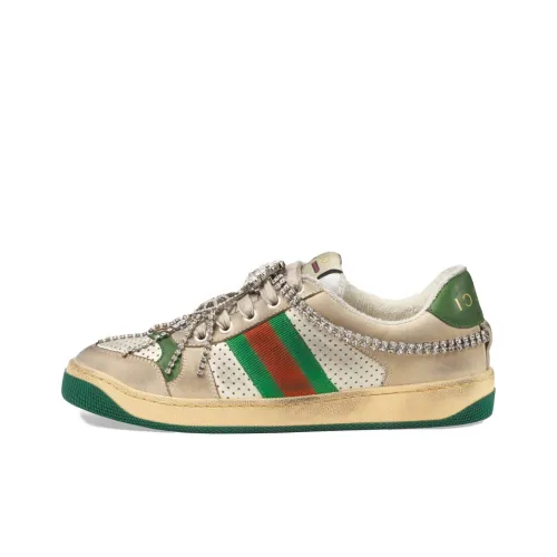 GUCCI Screener Потертый Sneaker с кристаллами Стильные Скейтбординги Женские Масляное Потертый